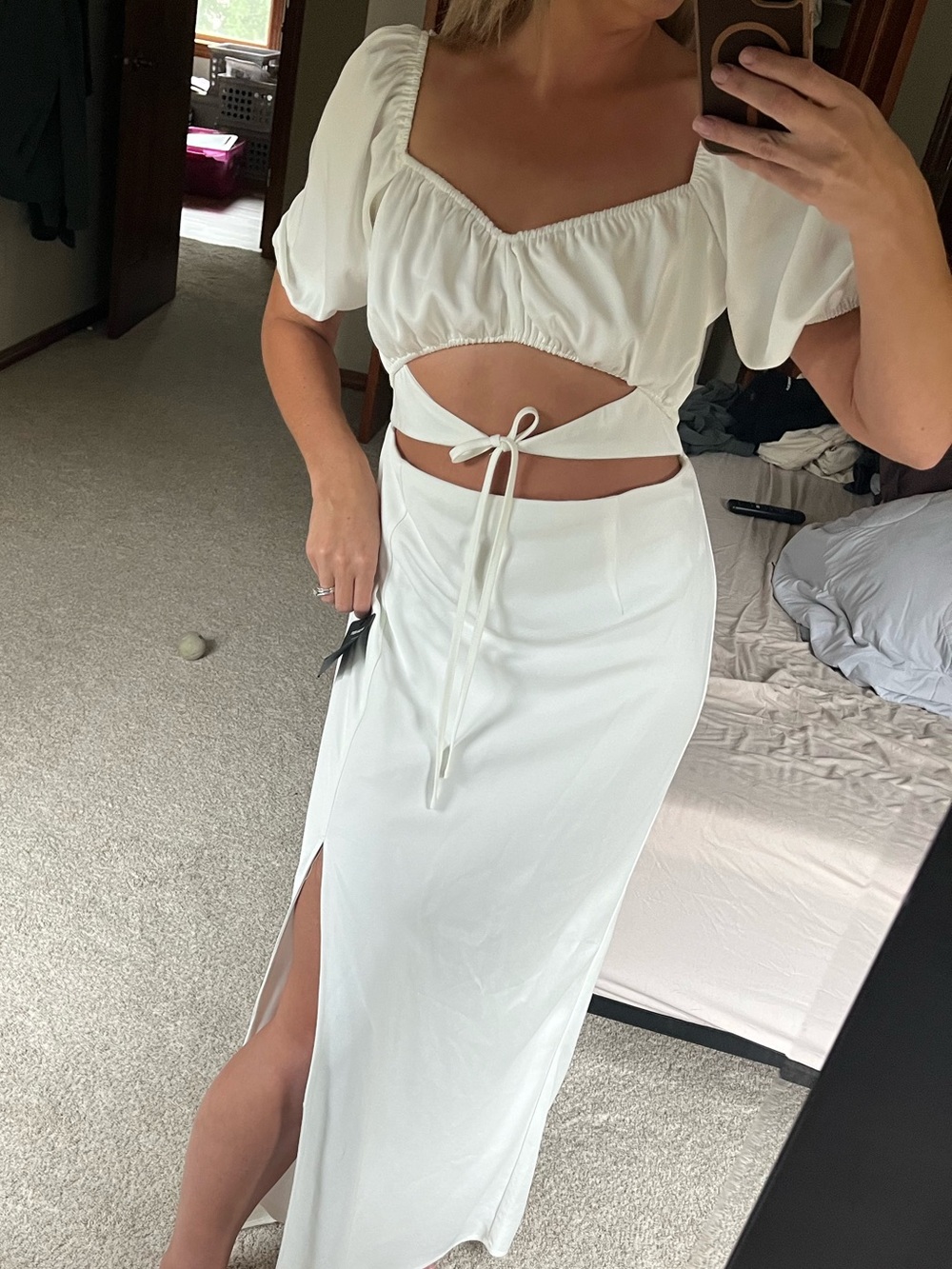 Lulu's White Ivory Puff Sleeve Midi Dress